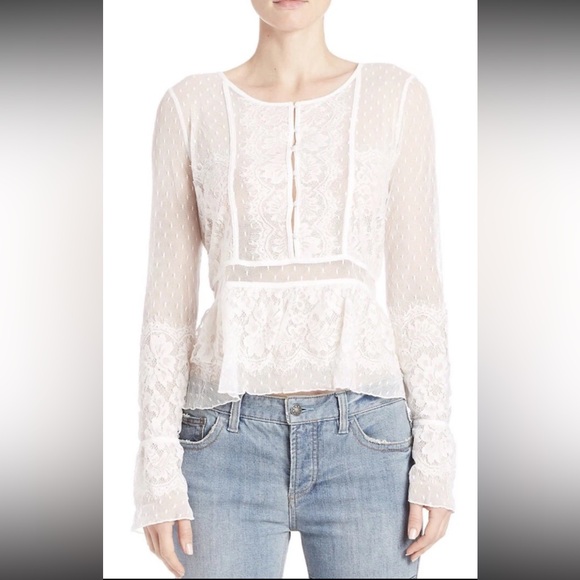 Free People Penelope Lace Swiss Dot Peplum Blouse Top White Size Large - Picture 11 of 11